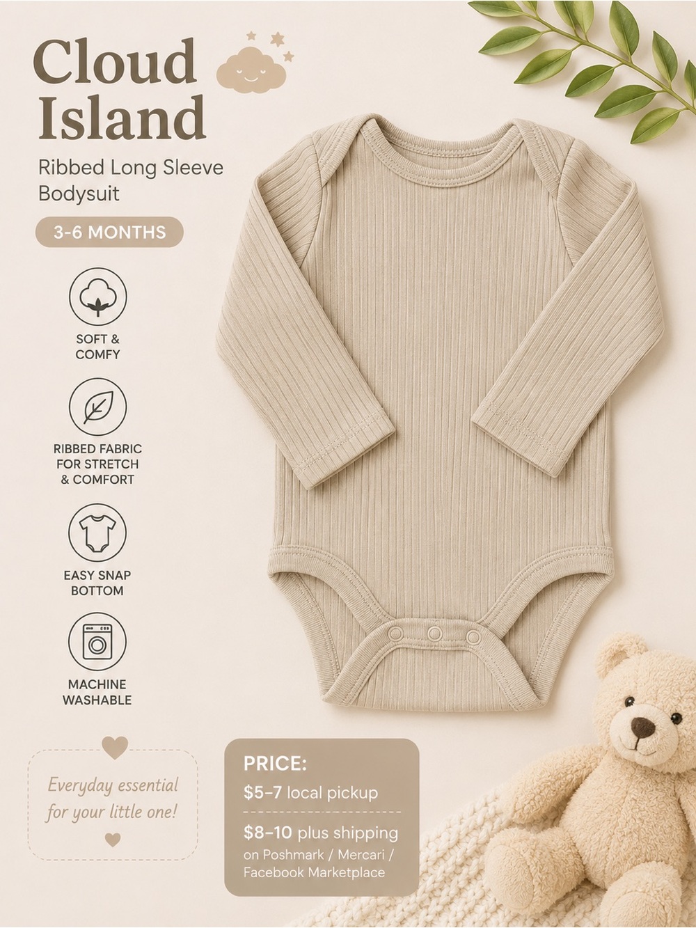 Island Ribbed Long Sleeve Bodysuit | 3–6 Months | Neutral Beige
